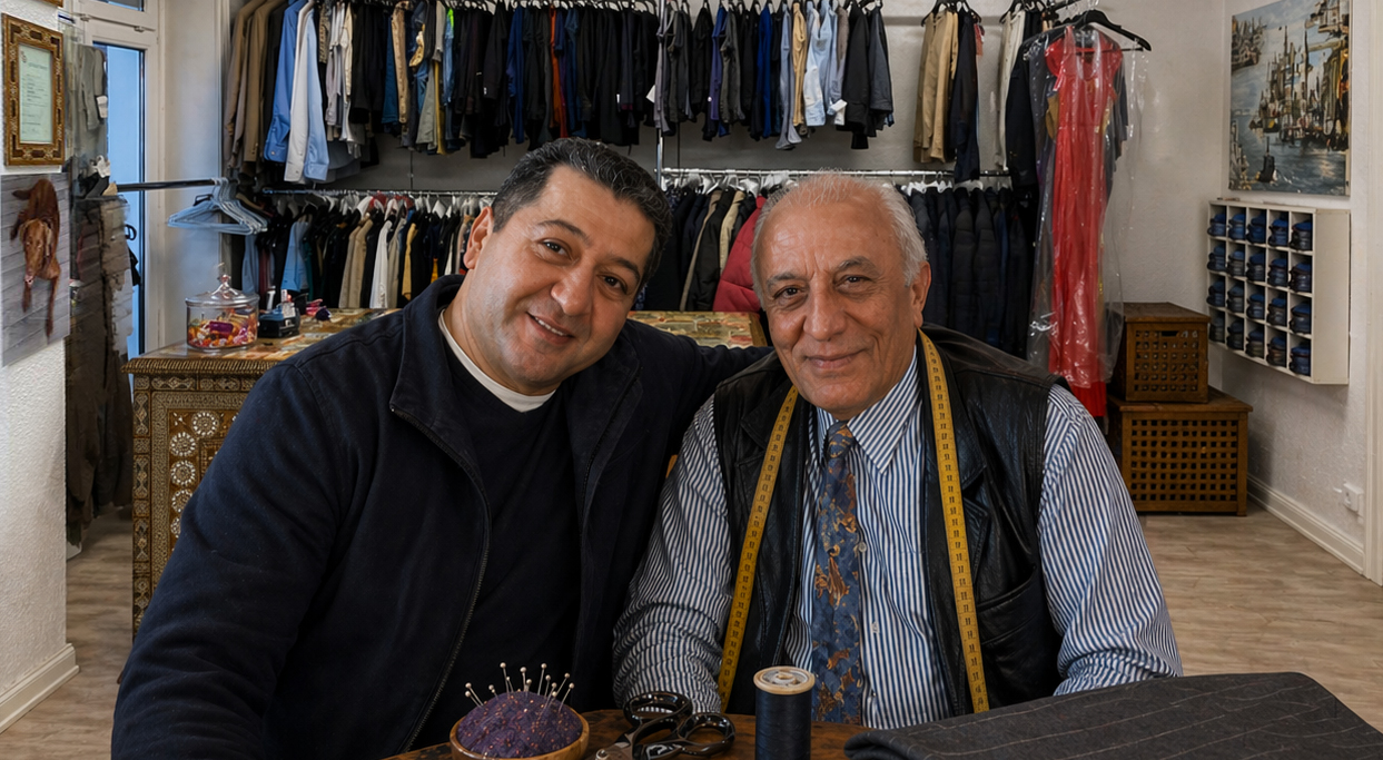 Vater und Sohn Schneidereit im Atelier der Änderungsschneiderei Abbus in Hamburg-Barmbek